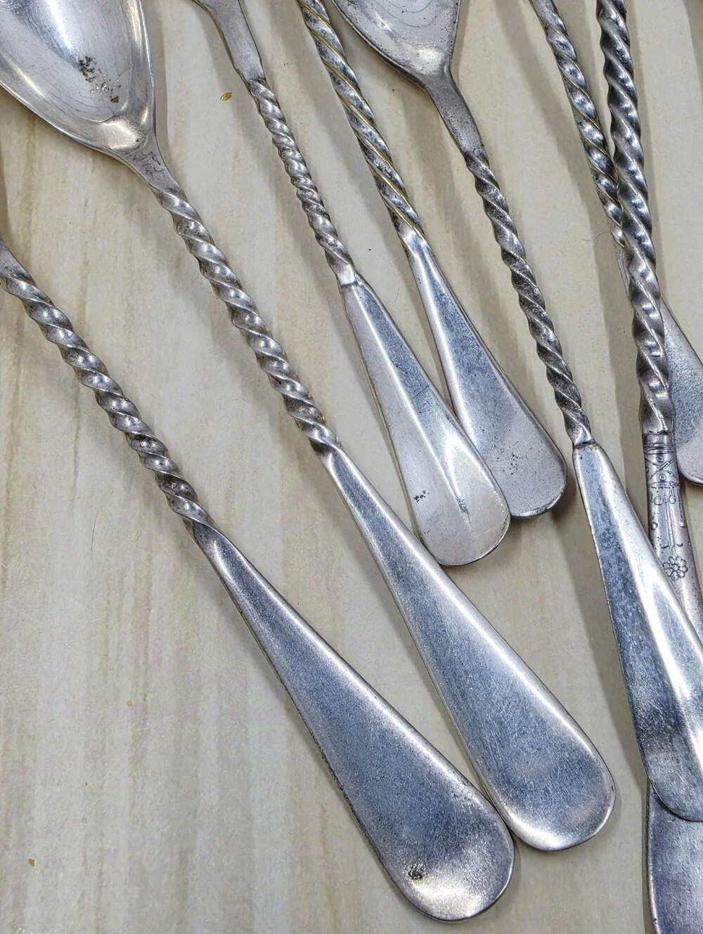 Silverplate Antique & Vintage Twisted Handle Spoons 10 Pieces Variety
